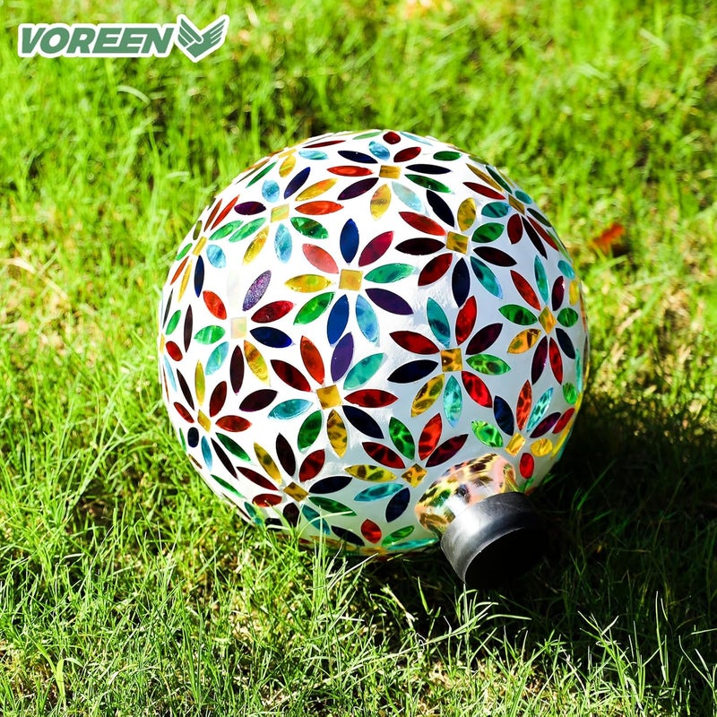 VOREEN Mosaic Glass Gazing Ball, Handmade Reflective Garden Globe for Outdoor Patio Lawn Yard Decor, 10" Multi-Colored Flower Pattern, Festive Decoration for Holiday Atmosphere - Image 3